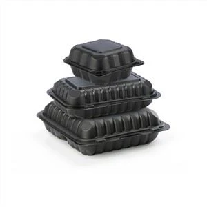 Black Clamshell Meal Microwavable To Go Takeaway Disposable Three Compartment Plastic 9x9 Food Containers
